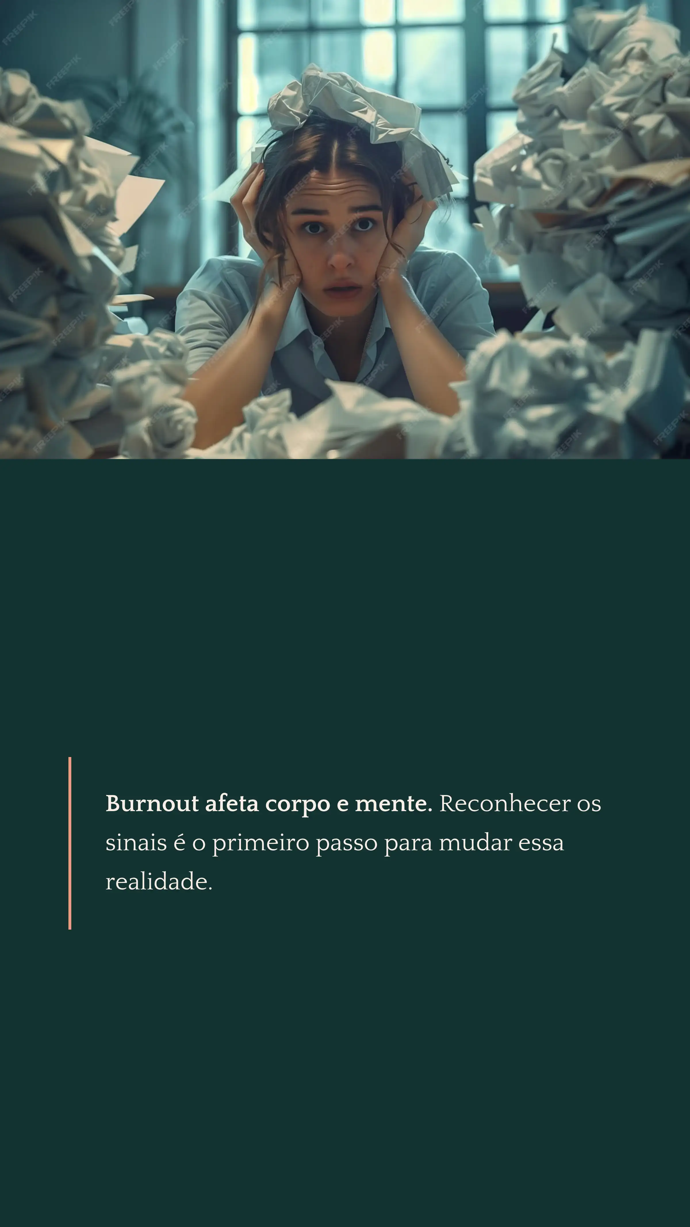 Ilustração mostrando que o burnout afeta corpo e mente e que reconhecer isso é o primeiro passo para mudar