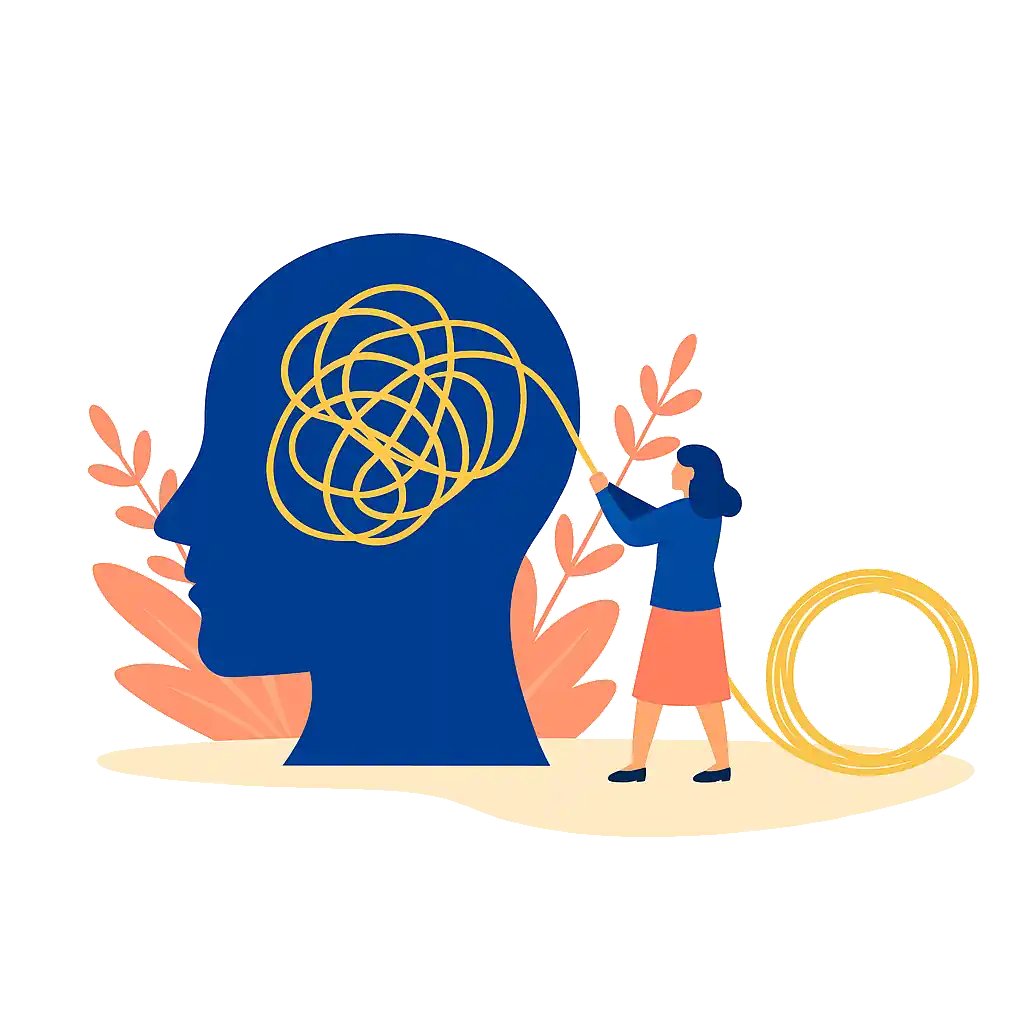 Ilustração de uma pessoa em posição serena, representando o processo terapêutico de autoconhecimento e equilíbrio emocional